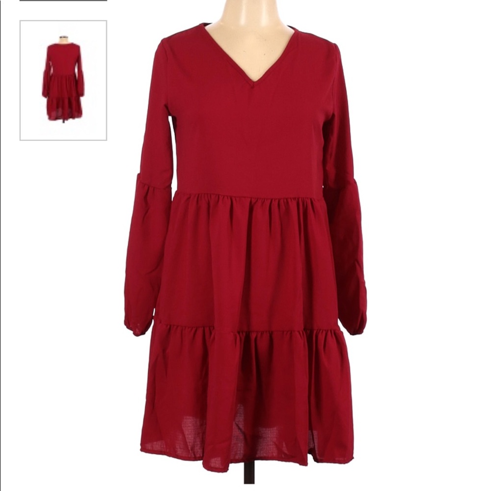 Red tiered and ruched V-neck dress in size Large